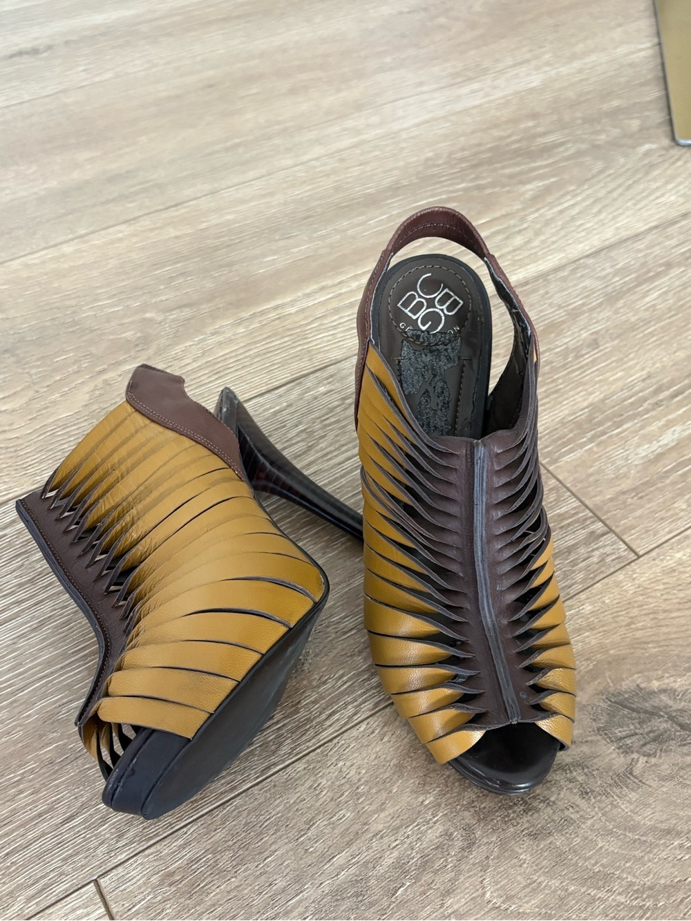 BCBGeneration Mustard Yellow and Brown Cutout Peep-Toe Slingback Heels - Picture 5 of 12